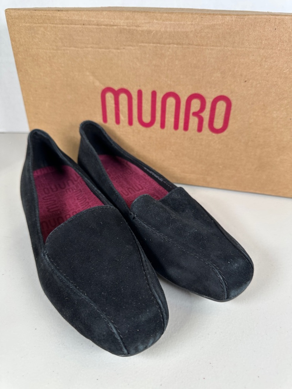 Munro Black Suede Loafers with Burgundy Insole